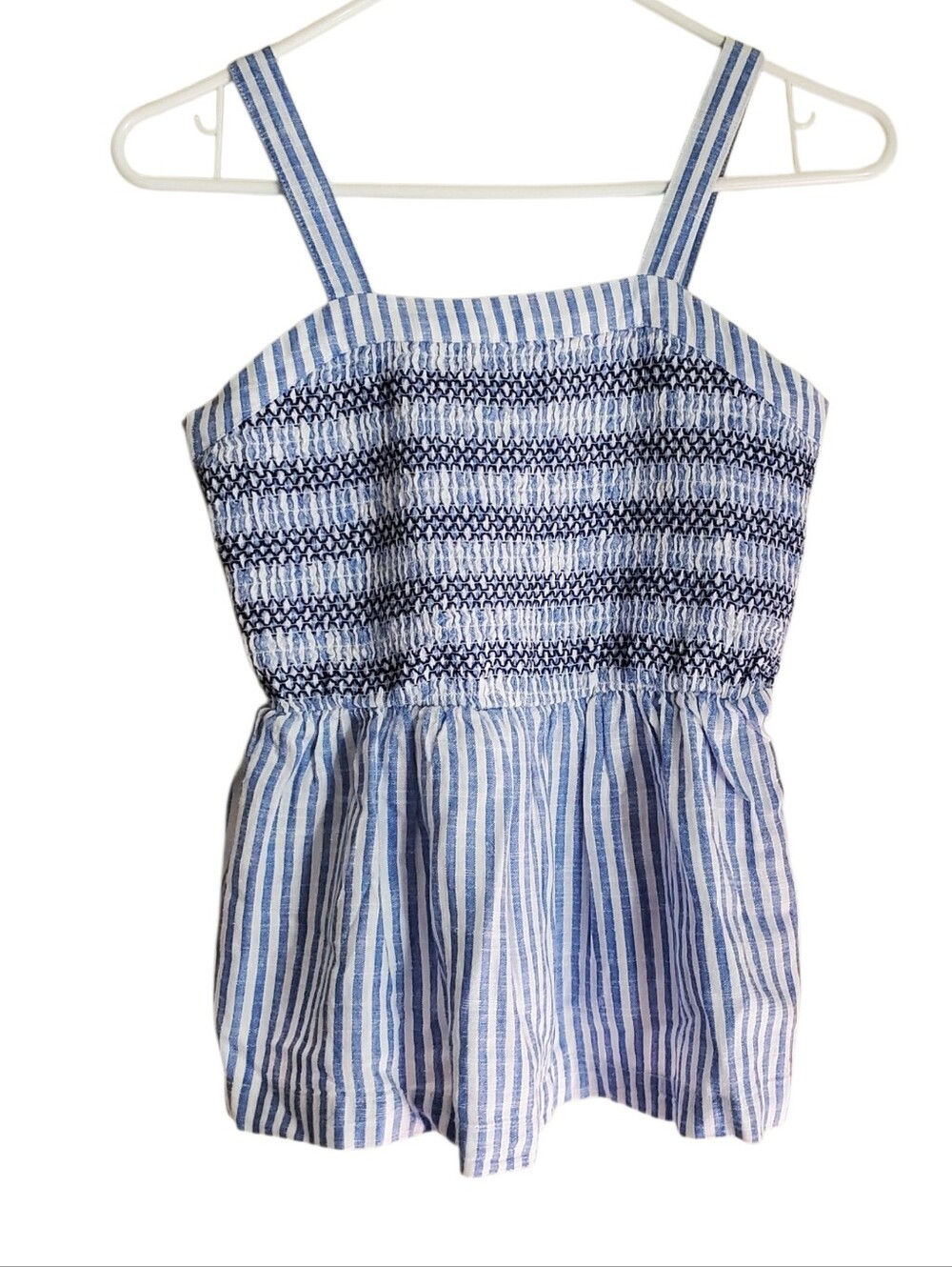 Market & Spruce Blue and White Striped Smocked Cami Top Linen Blend Large 12-14